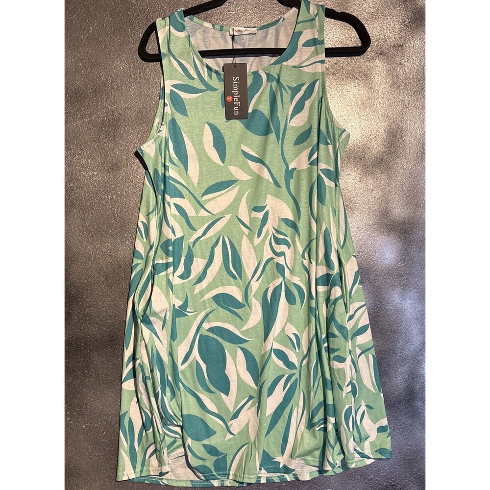Simple Fun Womens Sleeveless Green White Leaf Print Dress Cruise Vacation Beach